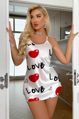 Love Desenli Beyaz Saten Gecelik - Görsel 1