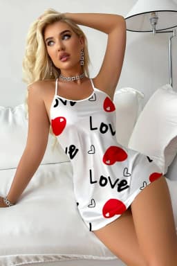 Love Desenli Beyaz Saten Gecelik - Görsel 3