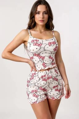 Hello Kitty Baskılı Askılı Şortlu Pijama Takımı - Görsel 1