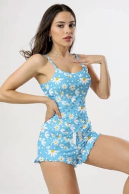 Papatya Baskılı Mavi Askılı Şortlu Pijama Takımı - Görsel 2