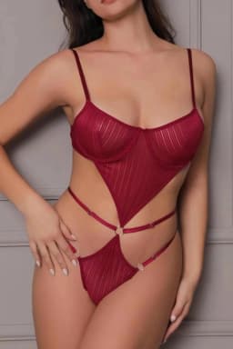 Transparan Bordo Dekolteli Balenli Fantazi İç Giyim Body TM1410 - Görsel 1