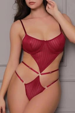 Transparan Bordo Dekolteli Balenli Fantazi İç Giyim Body TM1410 - Görsel 4