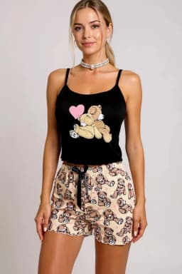 Renkli Ayıcık Desenli Askılı Şortlu Kadın Pijama Takımı - Görsel 3