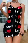 Love Desenli Siyah Saten Gecelik - Görsel 1