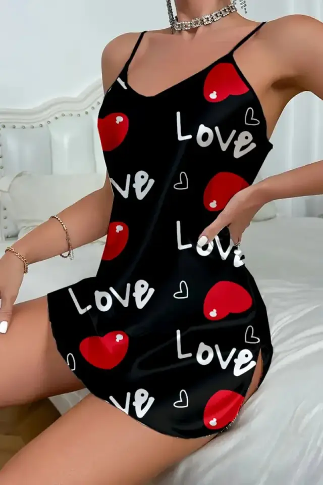 Love Desenli Siyah Saten Gecelik — görsel 3