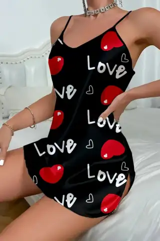 Love Desenli Siyah Saten Gecelik - 3