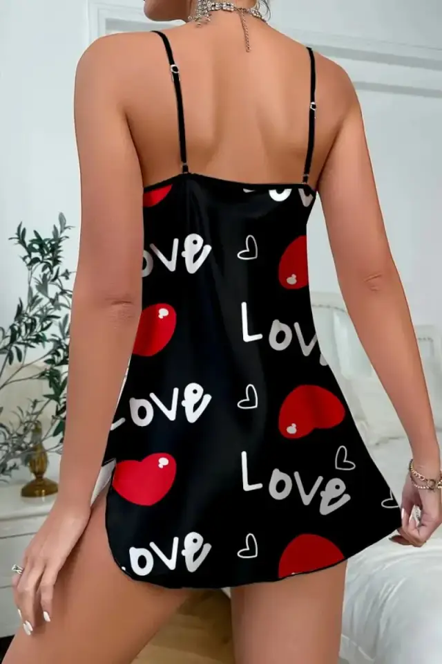 Love Desenli Siyah Saten Gecelik — görsel 5