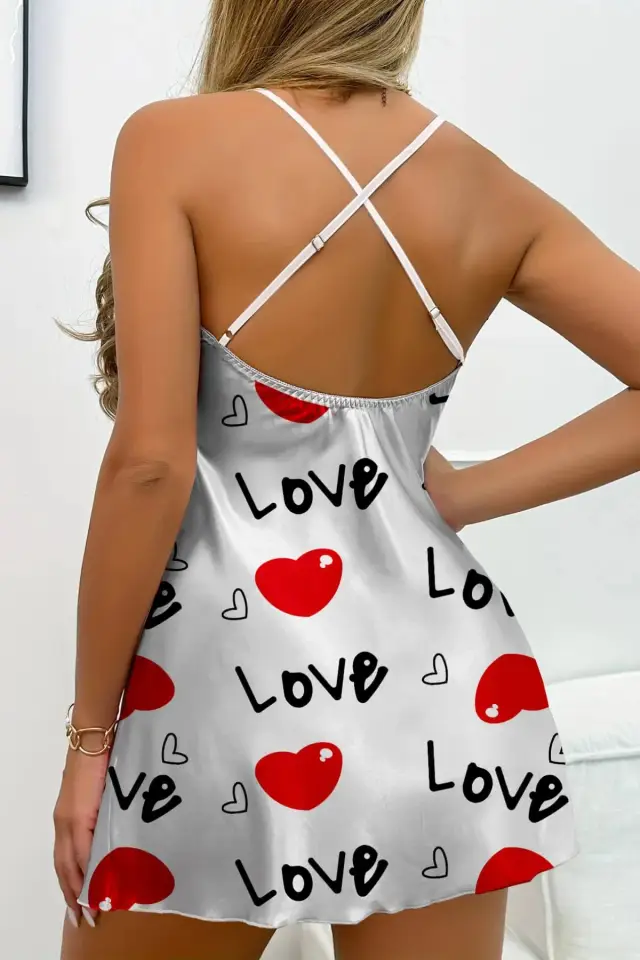 Love Desenli Beyaz Saten Gecelik — görsel 5
