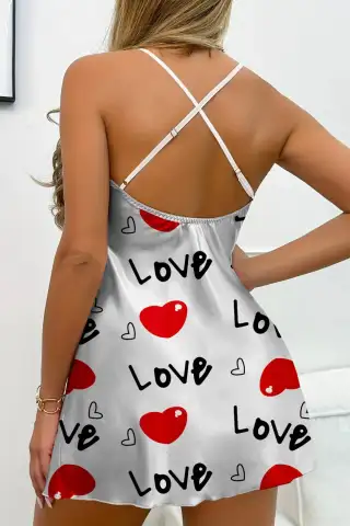 Love Desenli Beyaz Saten Gecelik - 5