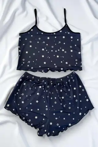 Yıldız Desenli Lacivert Şortlu Pijama Takımı - 2