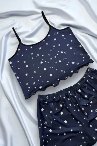 Yıldız Desenli Lacivert Şortlu Pijama Takımı - 3