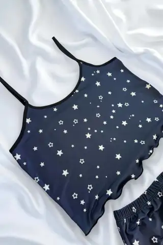 Yıldız Desenli Lacivert Şortlu Pijama Takımı - 4
