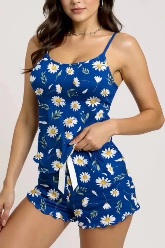 Papatya Desenli Mavi Askılı Şortlu Pijama Takımı — görsel 2