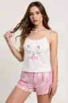 Renkli Kedi Desenli Askılı Şortlu Kadın Pijama Takımı - Görsel 1