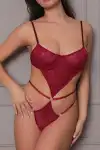 Transparan Bordo Dekolteli Balenli Fantazi İç Giyim Body TM1410 - Görsel 1