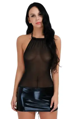 Deri Etekli Transparan Seksi Mini Elbise TM1264 - 4