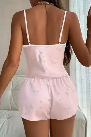 Gökyüzü Desenli Pembe Saten Şortlu Gecelik Takım - 2