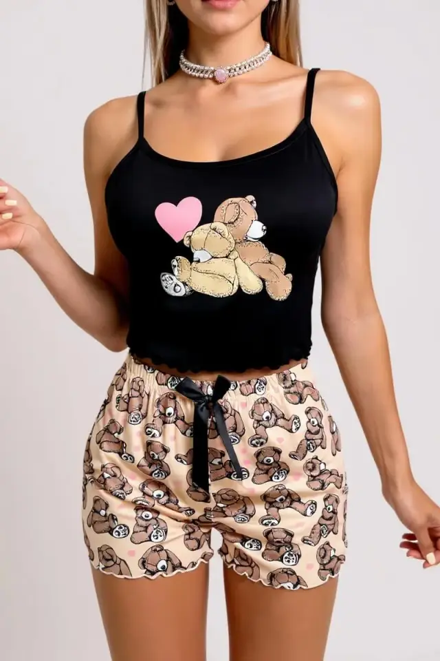 Renkli Ayıcık Desenli Askılı Şortlu Kadın Pijama Takımı — görsel 2