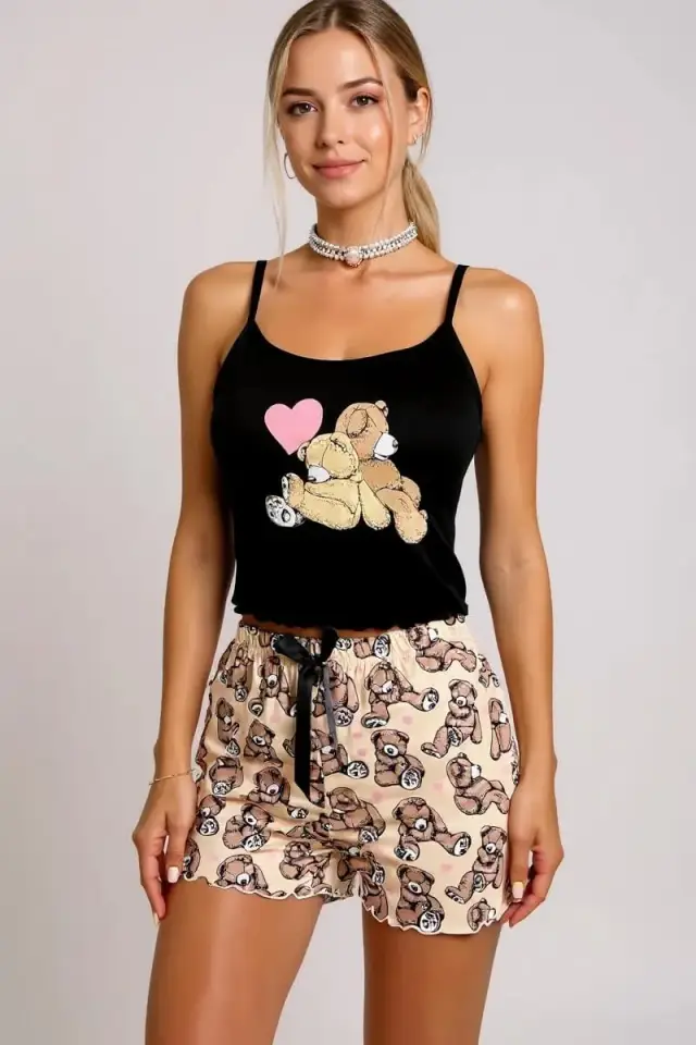 Renkli Ayıcık Desenli Askılı Şortlu Kadın Pijama Takımı — görsel 3