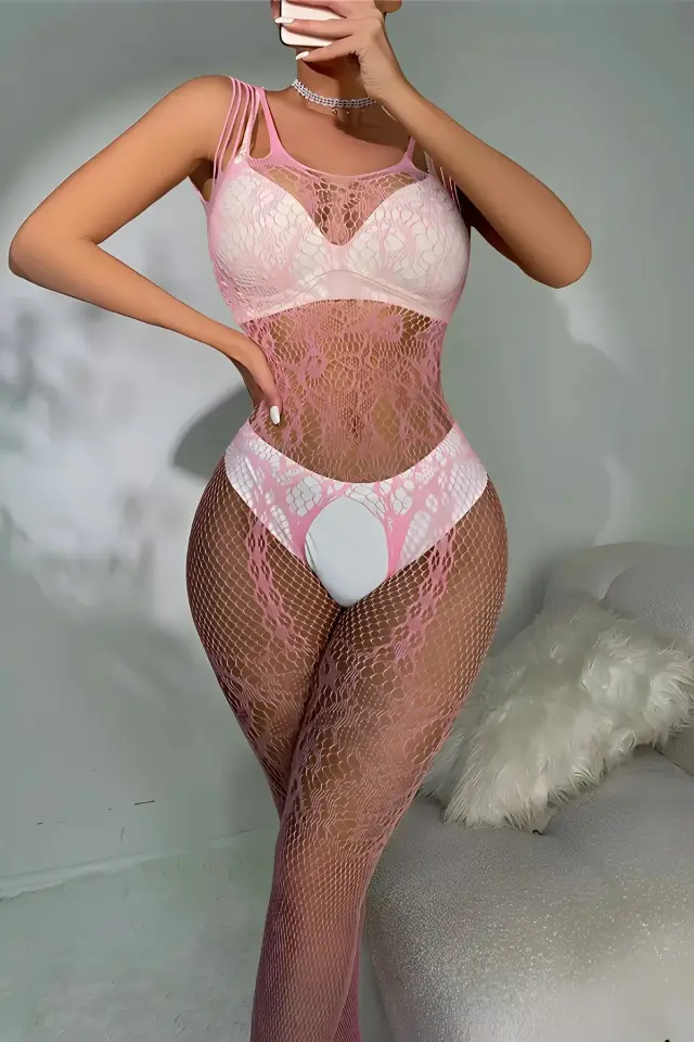 Pembe Askılı Dantel Detaylı File Vücut Çorabı TM1453 — görsel 2