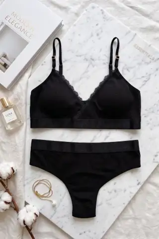 Kadın Siyah Fitilli Dantelli Bralet Takımı - 3