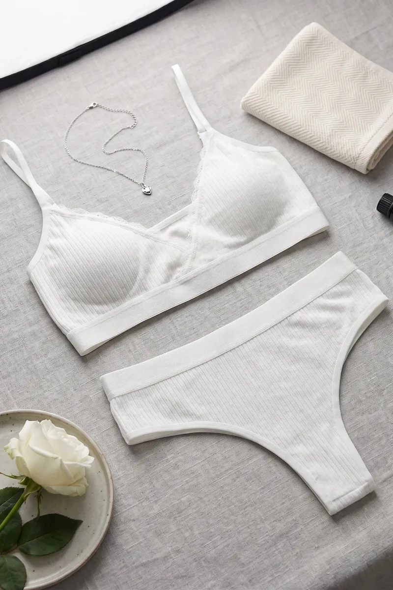 Kadın Ekru Çıkarılabilir Pedli Fitilli Dantelli Bralet Takımı - 3