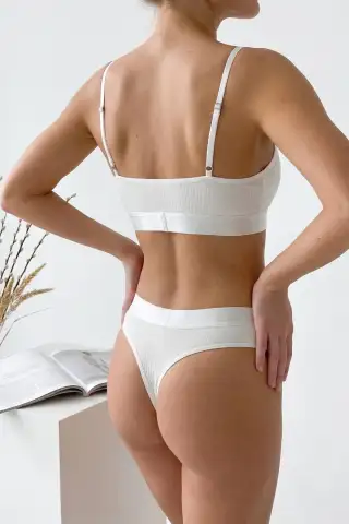 Kadın Ekru Çıkarılabilir Pedli Fitilli Dantelli Bralet Takımı - 2