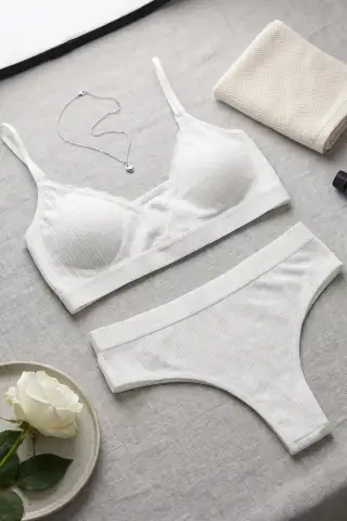 Kadın Ekru Çıkarılabilir Pedli Fitilli Dantelli Bralet Takımı - 3