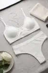 Kadın Ekru Çıkarılabilir Pedli Fitilli Dantelli Bralet Takımı - Görsel 3