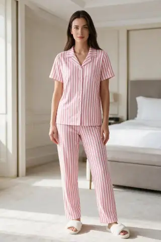 Kadın Pembe Beyaz Çizgili Kısa Kollu Düğmeli Milan Kumaş Pijama Takımı - 3
