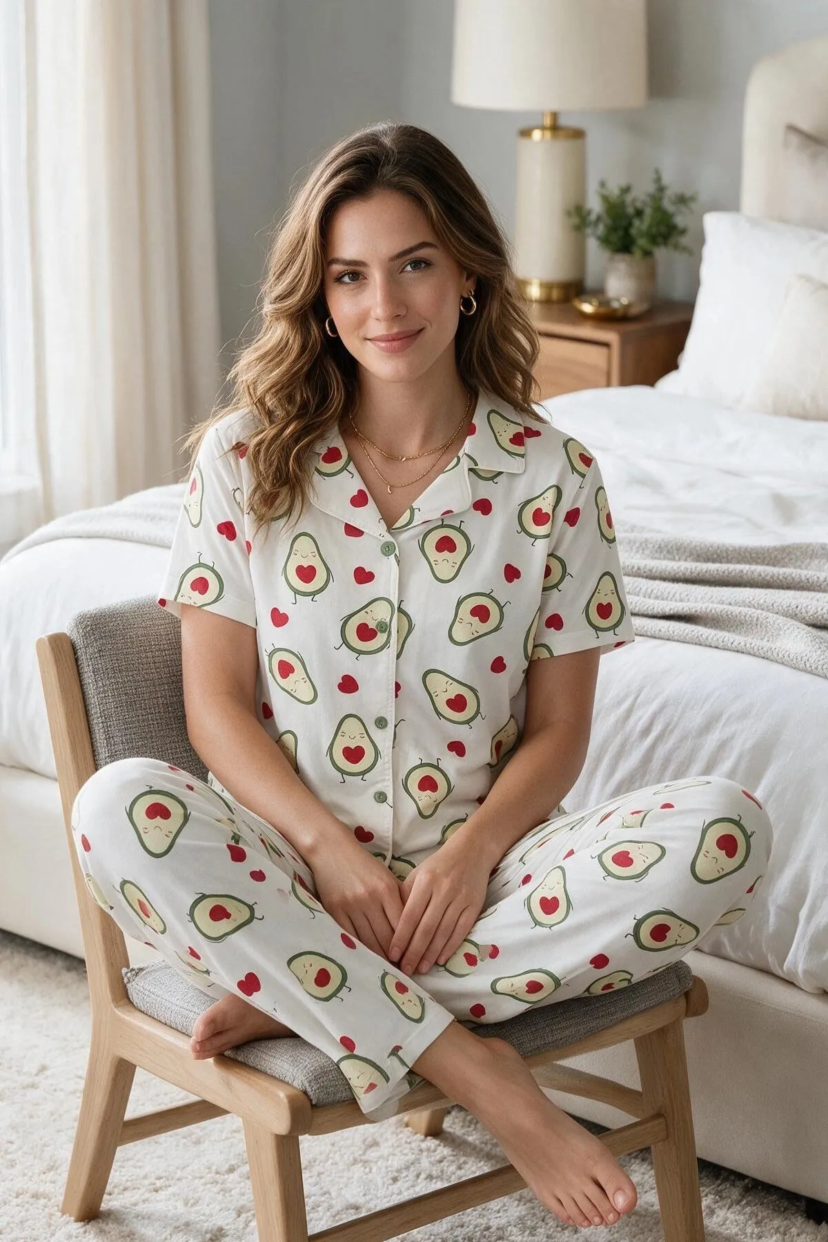 Avokado Desenli Kısa Kollu Gömlek Yaka Milan Kumaş Kadın Pijama Takımı