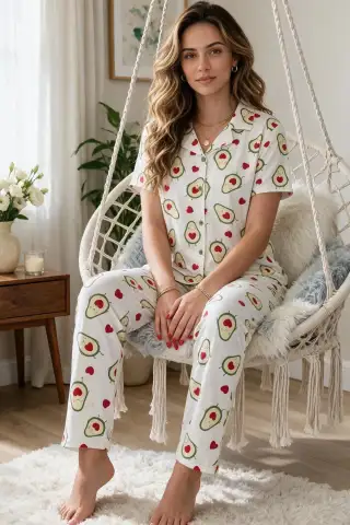 Avokado Desenli Kısa Kollu Gömlek Yaka Milan Kumaş Kadın Pijama Takımı - 3