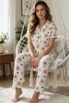 Avokado Desenli Kısa Kollu Gömlek Yaka Milan Kumaş Kadın Pijama Takımı - Görsel 3