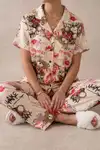 Ekru Ayıcık Desenli Kısa Kollu Gömlek Yaka Milan Kumaş Kadın Pijama Takımı - Görsel 2