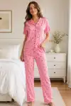 Pembe Kiraz Desenli Kısa Kollu Gömlek Yaka Milan Kumaş Kadın Pijama Takımı - Görsel 1