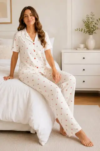 Beyaz Kiraz Desenli Kısa Kollu Gömlek Yaka Milan Kumaş Kadın Pijama Takımı - 3