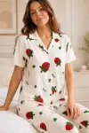 Ekru Çilek Desenli Kısa Kollu Gömlek Yaka Milan Kumaş Kadın Pijama Takımı - Görsel 1