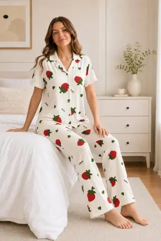 Ekru Çilek Desenli Kısa Kollu Gömlek Yaka Milan Kumaş Kadın Pijama Takımı - 2