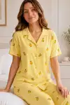 Sarı Limon Desenli Kısa Kollu Gömlek Yaka Milan Kumaş Kadın Pijama Takımı - Görsel 1