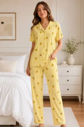Sarı Limon Desenli Kısa Kollu Gömlek Yaka Milan Kumaş Kadın Pijama Takımı - 2