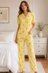 Sarı Limon Desenli Kısa Kollu Gömlek Yaka Milan Kumaş Kadın Pijama Takımı - Görsel 2