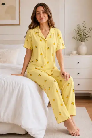 Sarı Limon Desenli Kısa Kollu Gömlek Yaka Milan Kumaş Kadın Pijama Takımı - 3