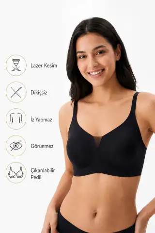 Siyah V Tül Detaylı Lazer Kesim Dikişsiz Pedli Sütyen