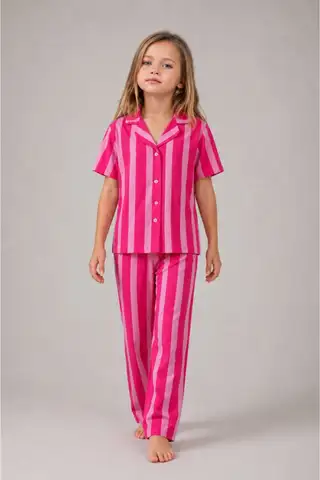Kız Çocuk Çizgili Gecelik Pembe Pijama Takımı - 1