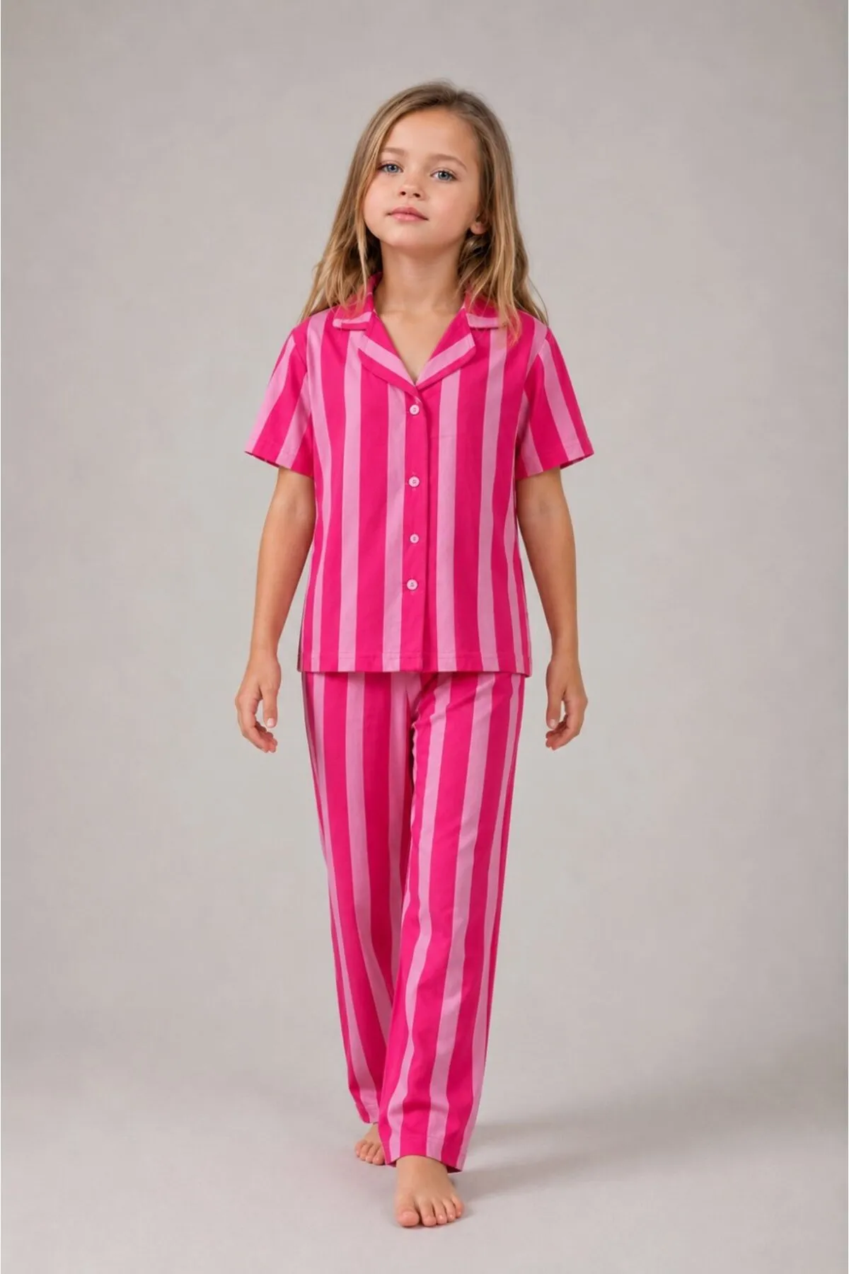 Kız Çocuk Çizgili Gecelik Pembe Pijama Takımı