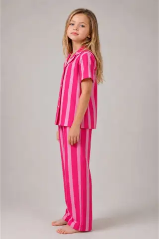 Kız Çocuk Çizgili Gecelik Pembe Pijama Takımı - 2