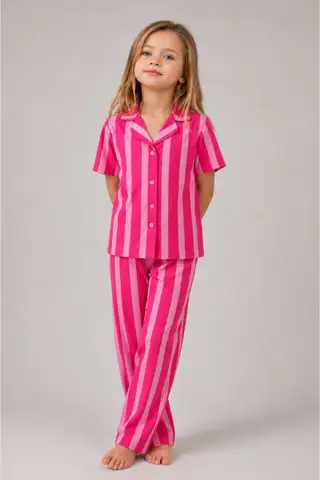 Kız Çocuk Çizgili Gecelik Pembe Pijama Takımı - 3