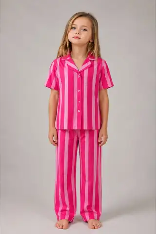 Kız Çocuk Çizgili Gecelik Pembe Pijama Takımı - 4