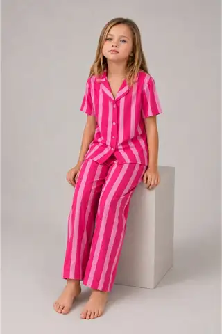 Kız Çocuk Çizgili Gecelik Pembe Pijama Takımı - 5