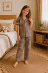 Kız Çocuk Çizgili Gecelik Pembe Pijama Takımı - Görsel 9